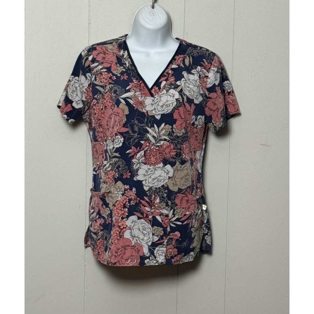 Healing Hands Premiere Navy Floral Scrub Top V-Neck Medical Uniform Size Small